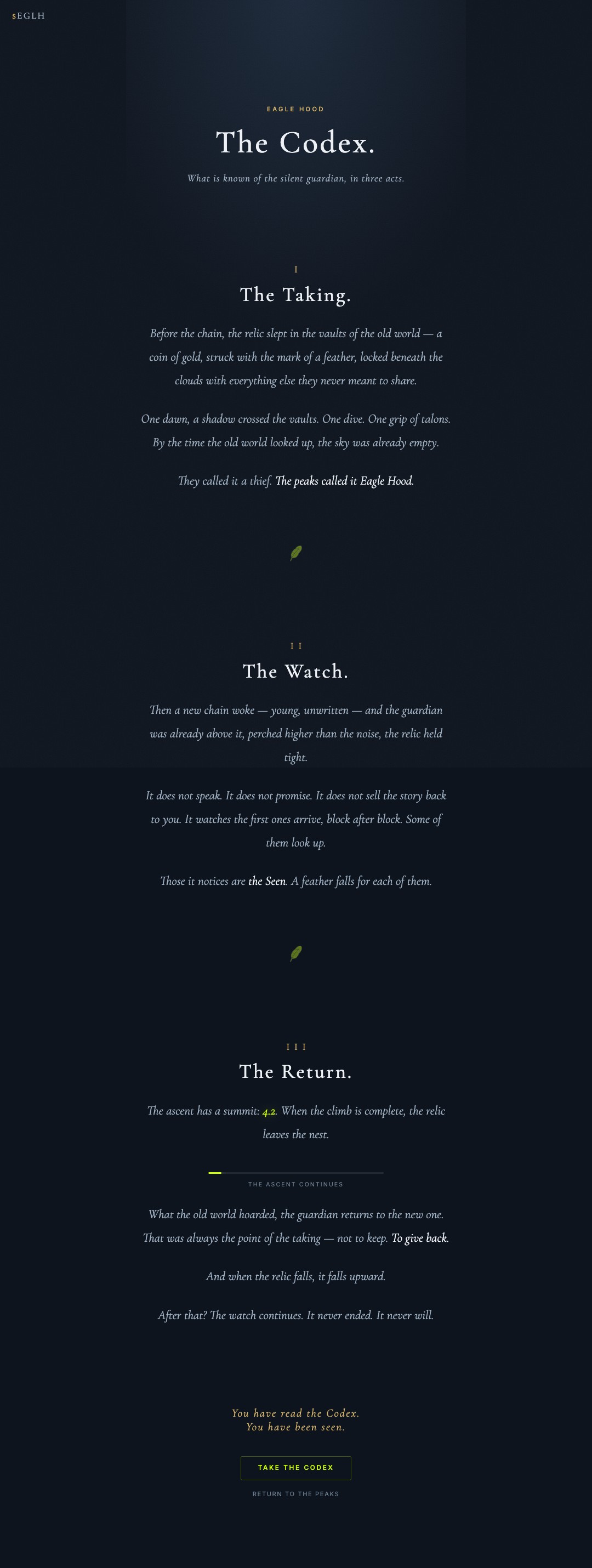The Codex — the myth of Eagle Hood in three acts